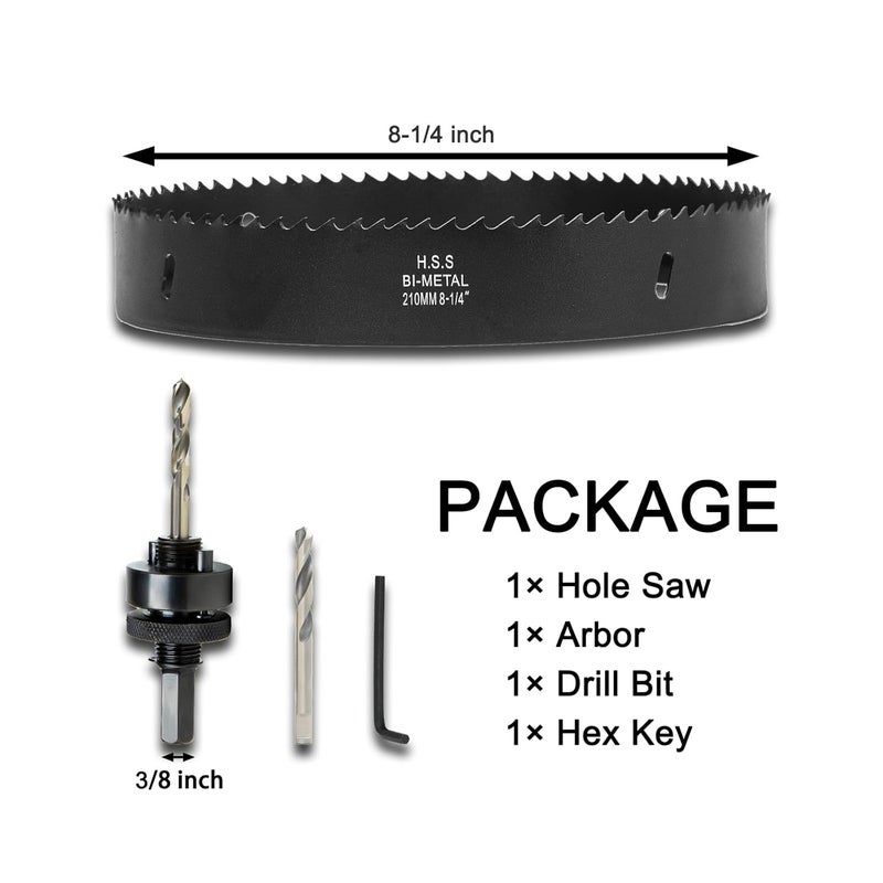 VIKITON 8-1/4 Inch Hole Saw with Arbor for Wood Metal Plastic, 8.25 in Bimetal Hole Cutter, Fast Chip Removal, Smooth Flat Drilling Edge, Lightweight & Portable (Black) - Image 3